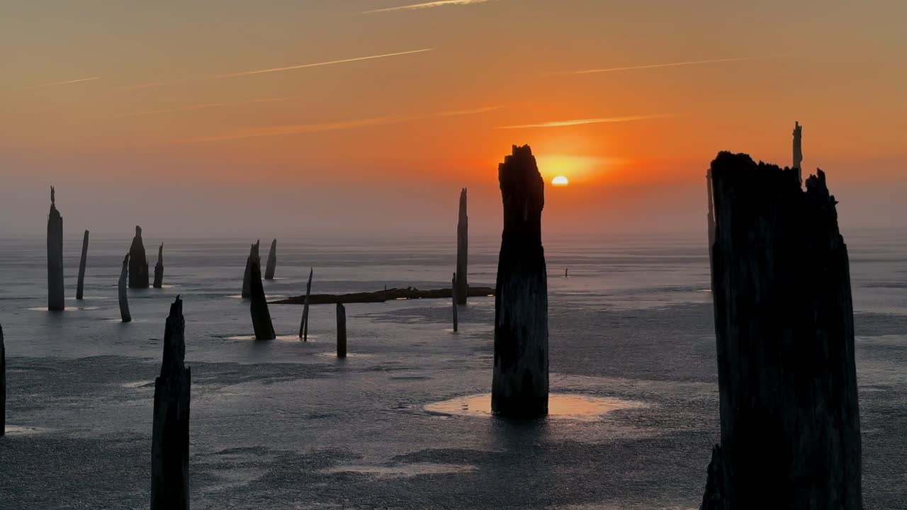 Sagome dei resti di vecchi pali di legno di un molo che si ergono in un mare calmo al tramonto, con una calda luce dorata che si riflette sull'acqua, paesaggio costiero minimale e un'atmosfera tranquilla.