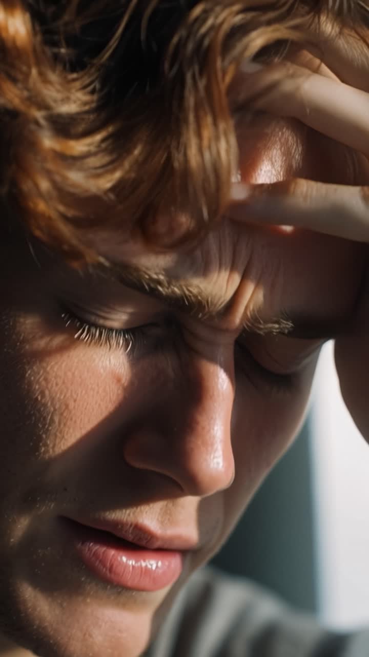 Giovane uomo con capelli spettinati, occhi chiusi, mano sulla fronte. La luce solare soffusa proietta delicate ombre sul suo viso. Una leggera fronte aggrottata suggerisce contemplazione o lieve stress.