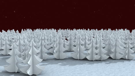 animation of snow falling over white fir trees and winter landscape