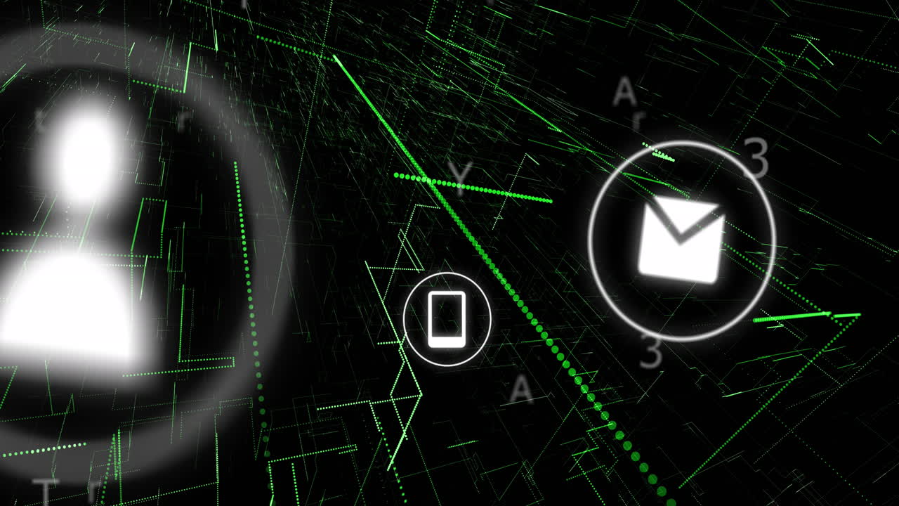 animación de iconos digitales y procesamiento de datos.