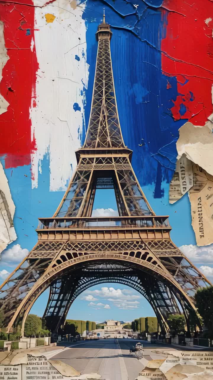 Vertical video: Camera tilting upward revealing poster in gallery, showing Eiffel Tower and paint