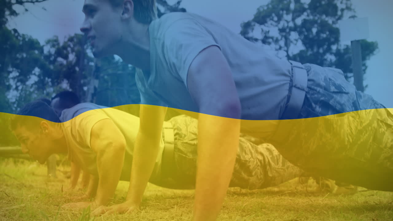 Animazione di bandiera dell'Ucraina su diversi soldati uomini che si esercitano