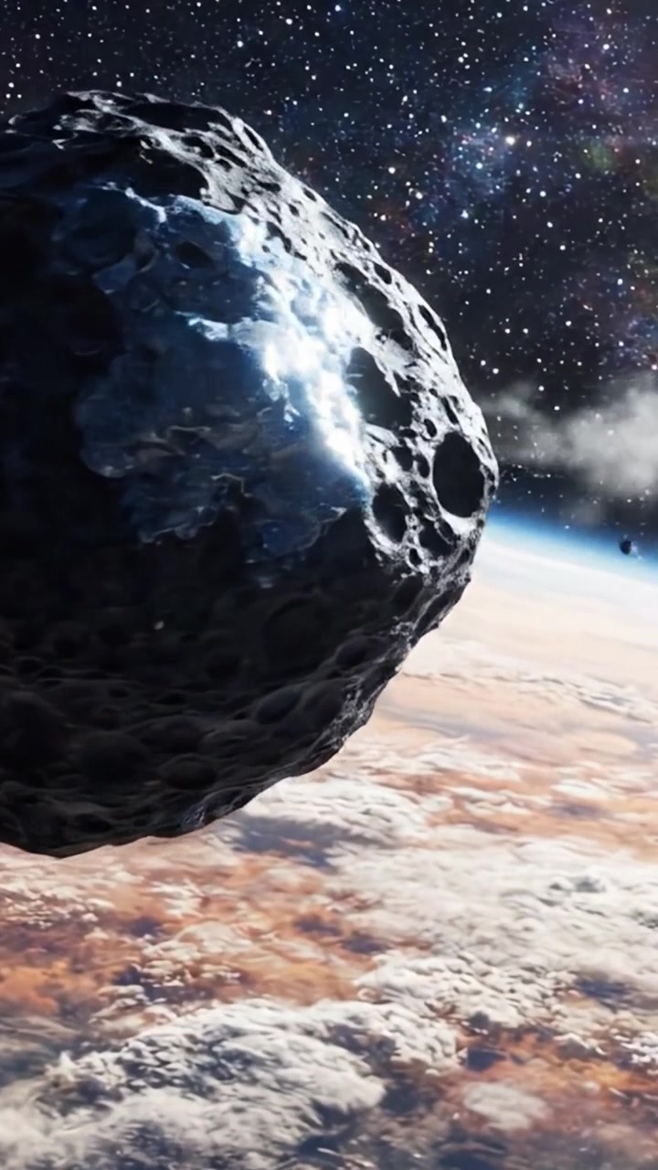Una vista mozzafiato di un maestoso asteroide che orbita sopra l'atmosfera del pianeta, catturato sullo sfondo cosmico di stelle e galassie.