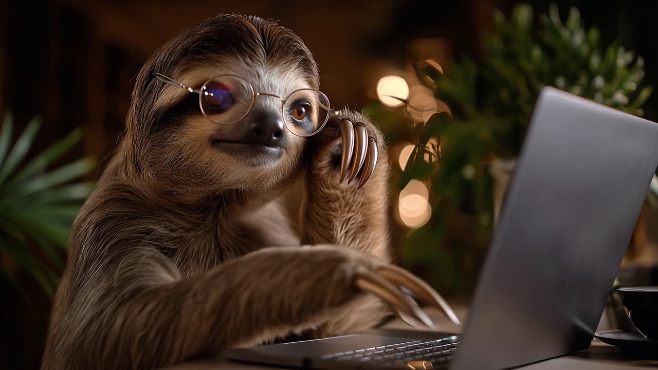Un perezoso con gafas teclea en un portátil. Luces cálidas se difuminan suavemente en el fondo. Se le ve concentrado, ligeramente divertido y relajado. Perfecto para humor, productividad o conceptos de vida lenta.