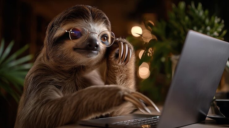 Un perezoso con gafas teclea en un portátil. Luces cálidas se difuminan suavemente en el fondo. Se le ve concentrado, ligeramente divertido y relajado. Perfecto para humor, productividad o conceptos de vida lenta.