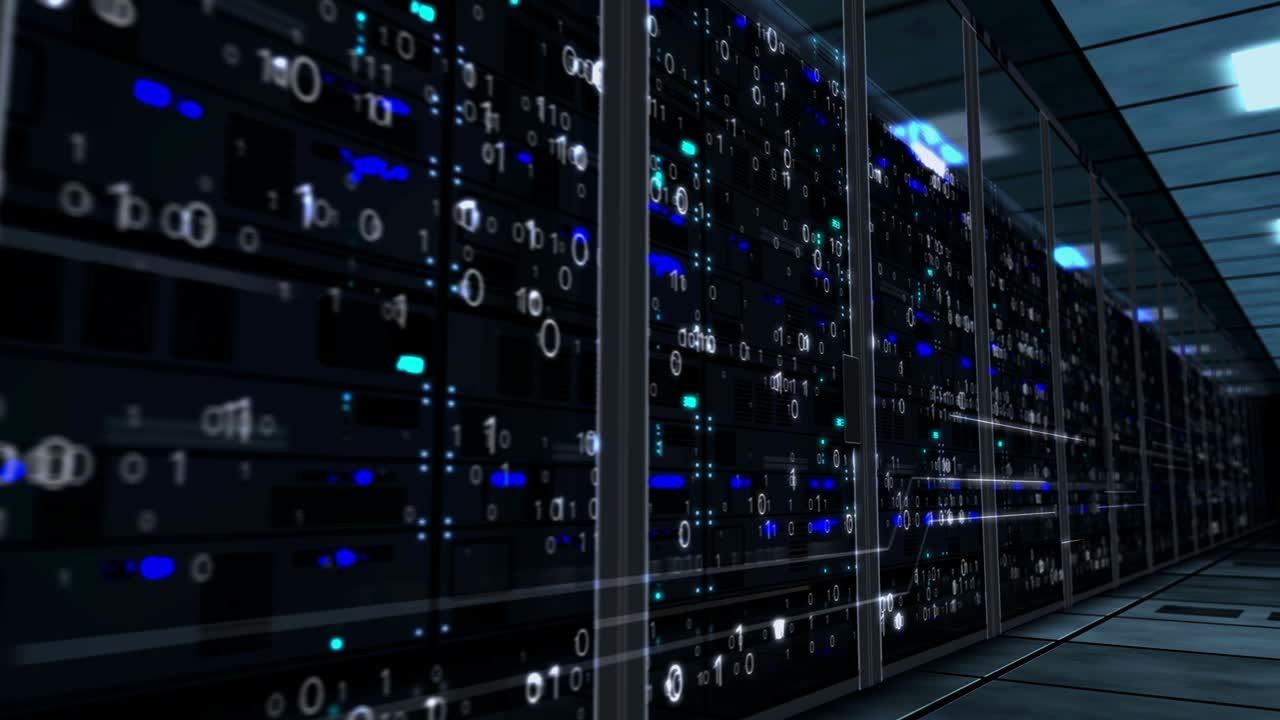 Servers racks fly loop with holograms