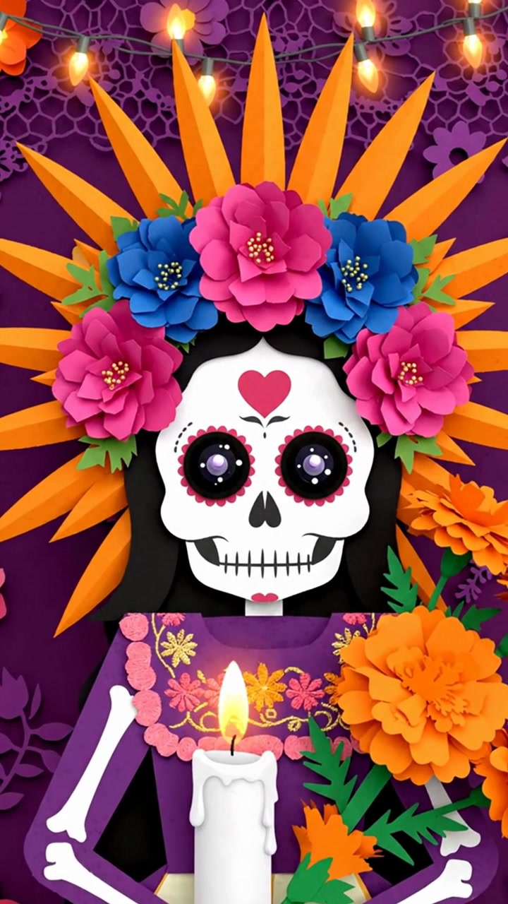 Calavera Catrina del Giorno dei Morti che tiene una candela.