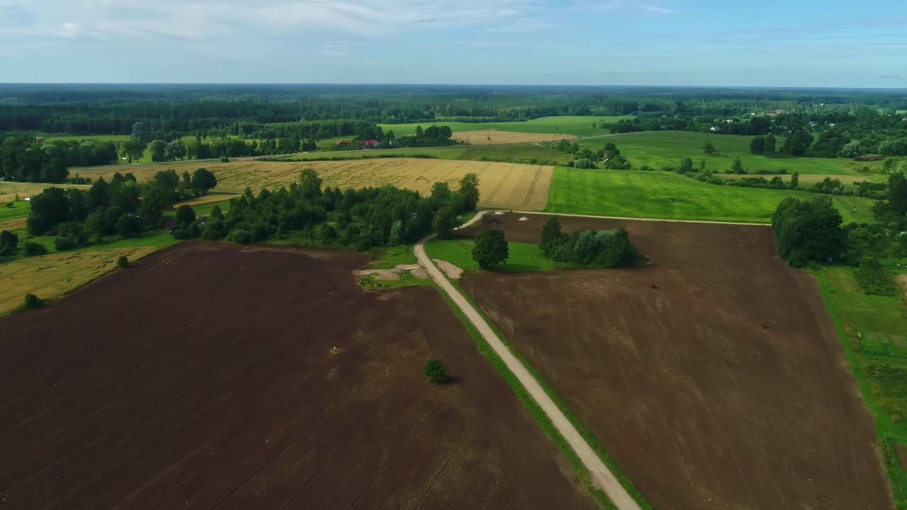 Aerial clip of an agricultural land being ploughed recently situated near other fields