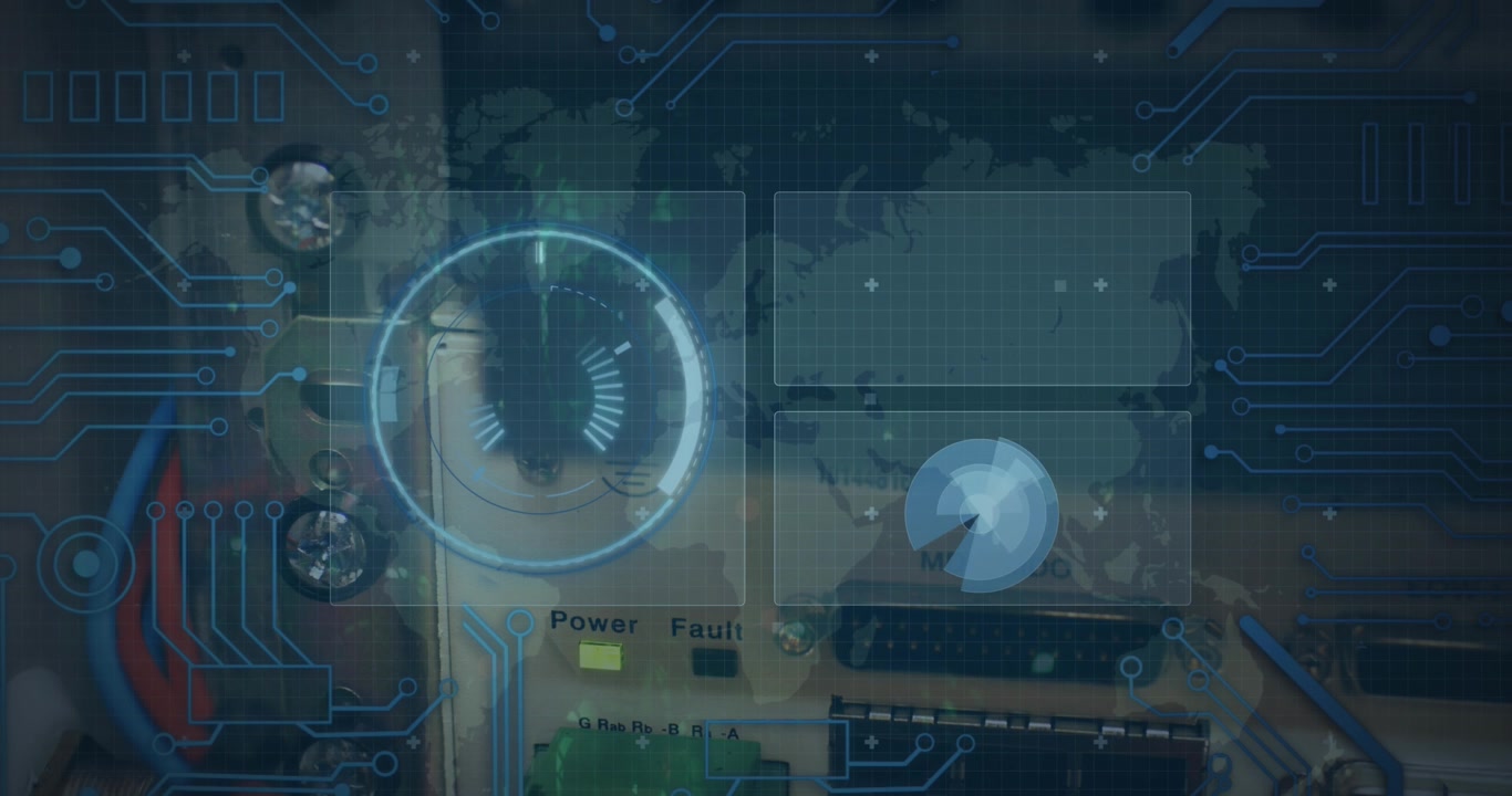Animation of data processing with scope scanning and world map over server room