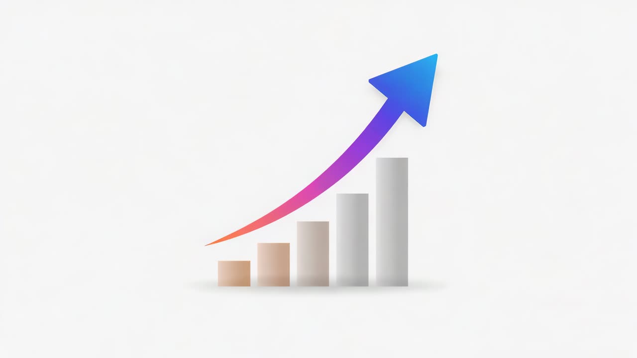 Animating four-bar chart indicating growth at start on white backdrop, arrow shifting blue to red