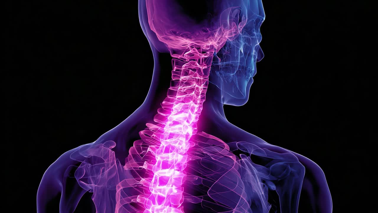Una visualizzazione illuminata della colonna vertebrale umana: un viaggio dalle regioni cervicali a quelle lombari che mostra la complessa anatomia della struttura vertebrale