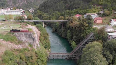 aerial: flying over the neretva river in jablanica