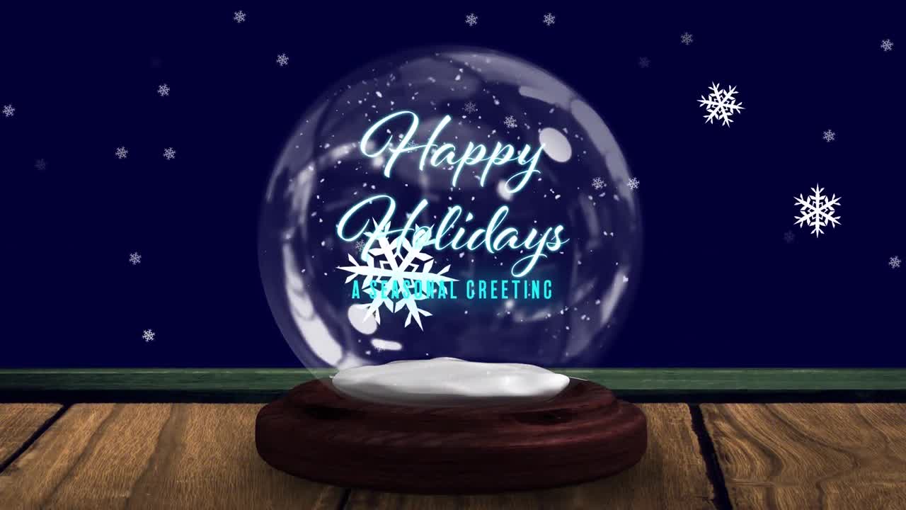 animación de felicitaciones de navidad en globo de nieve en tablas de madera, estrella fugaz y nieve cayendo