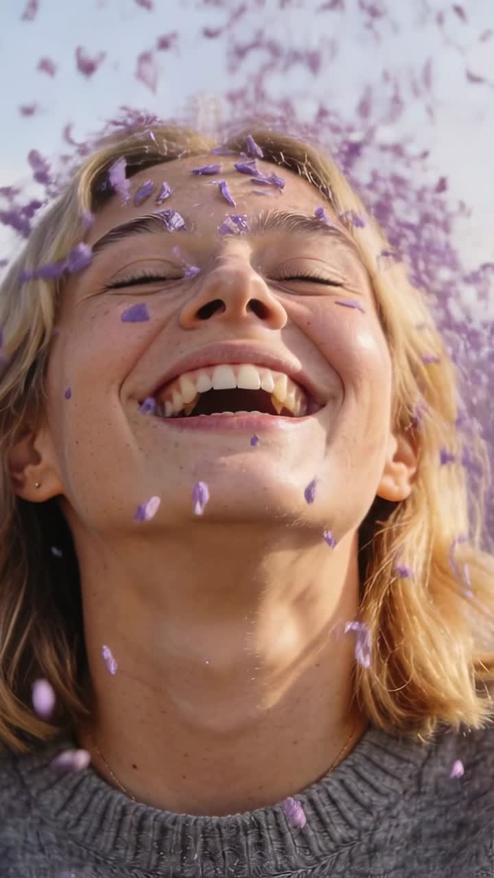 Video verticale: Petali viola che cadono, facendo sorridere una donna che guarda in alto, all'esterno, con un maglione grigio borchiato.