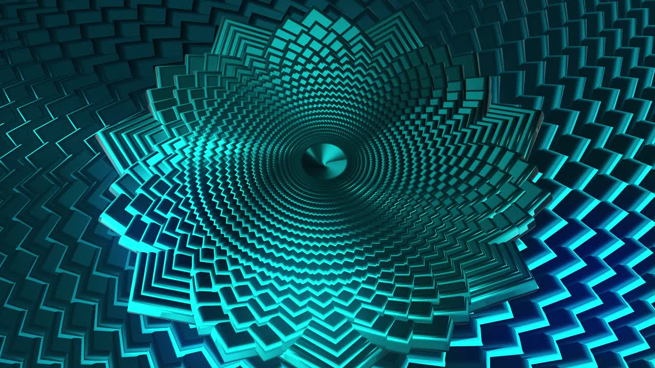 Dynamic Abstract Spiral of Teal and Blue Squares