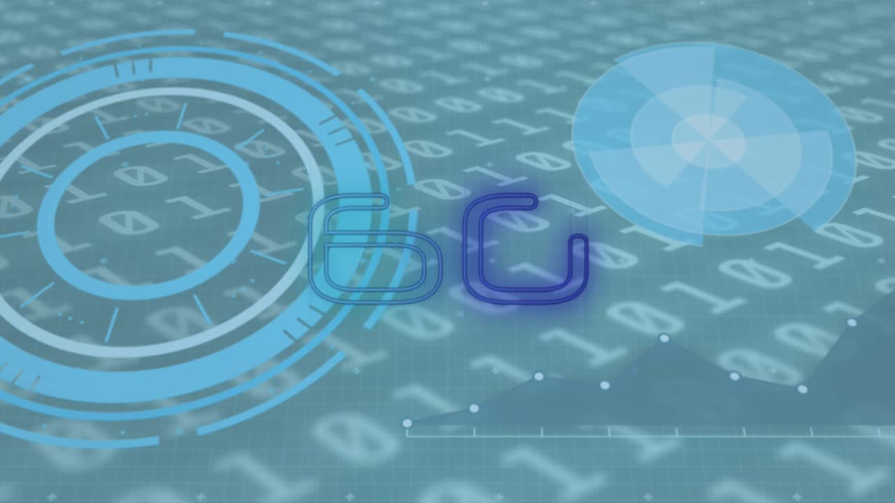 animación de texto de 6g sobre escaneos y codificación binaria en segundo plano