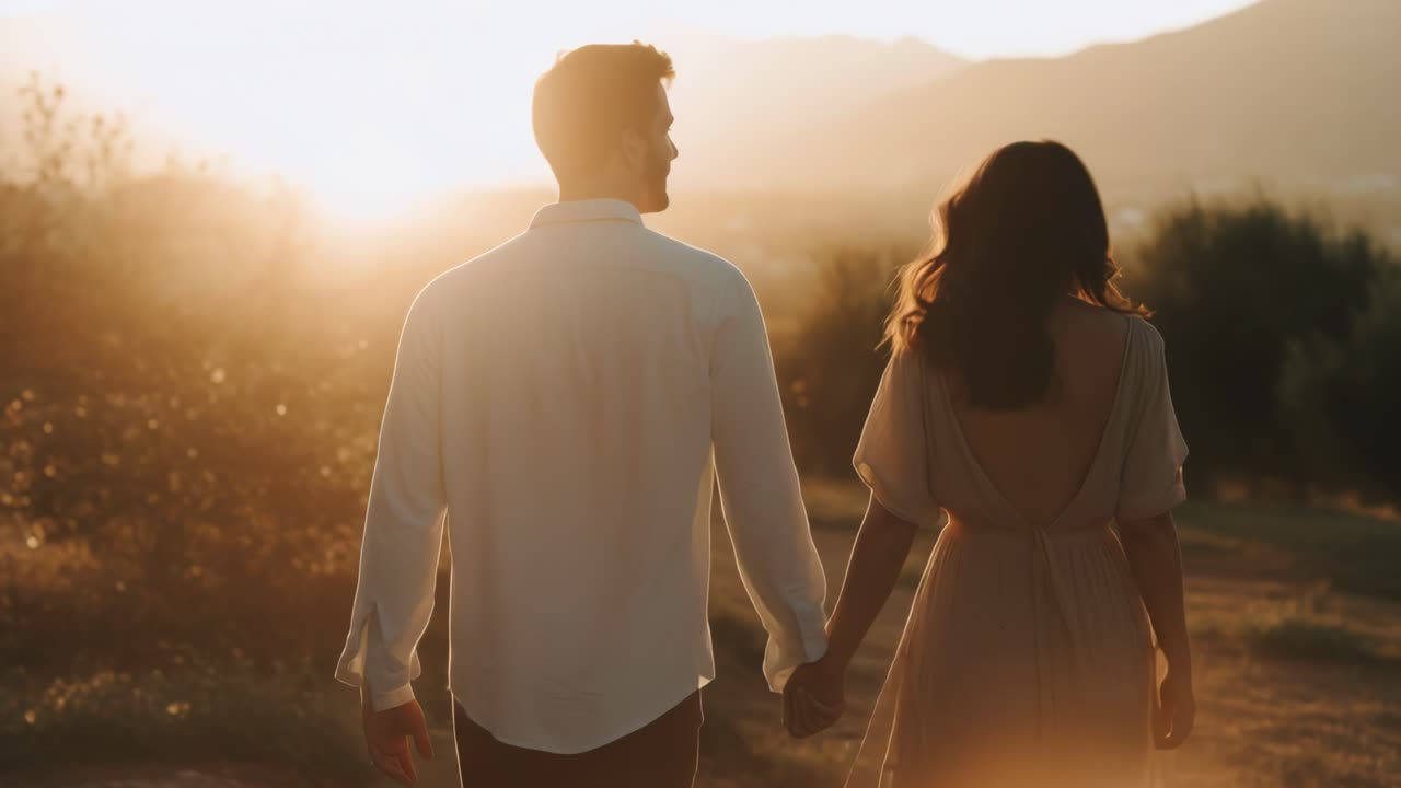 A romantic video scene with a couple walking hand in hand at sunset. Shot from behind at eye level