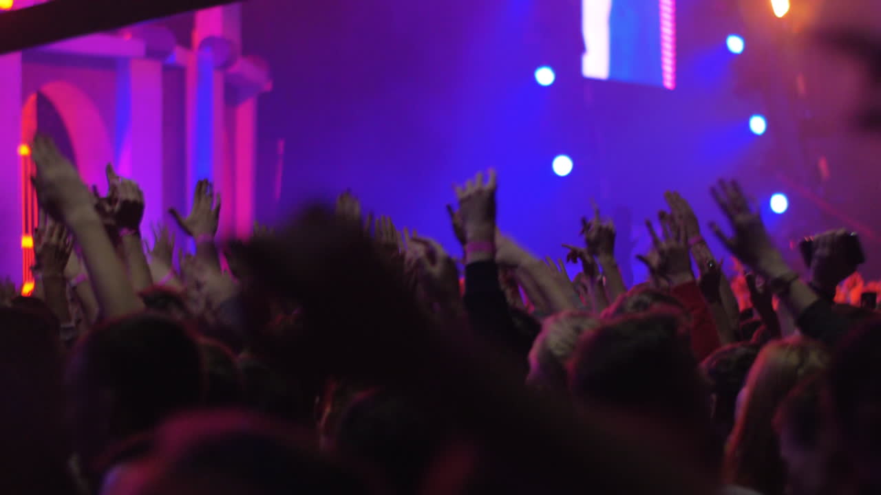 Centinaia di persone entusiaste che ballano al concerto, con le luci brillanti del palco