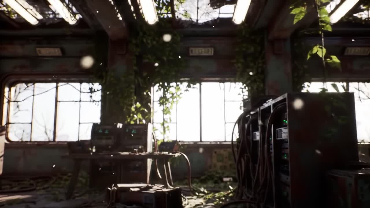 The interior of an abandoned industrial space is illuminated by sunlight. Green vines and plants have taken over the once-busy area, creating a striking contrast with the remnants of machinery.