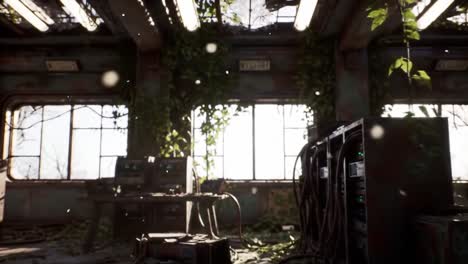 the interior of an abandoned industrial space is illuminated by sunlight. green vines and plants have taken over the once-busy area, creating a striking contrast with the remnants of machinery.