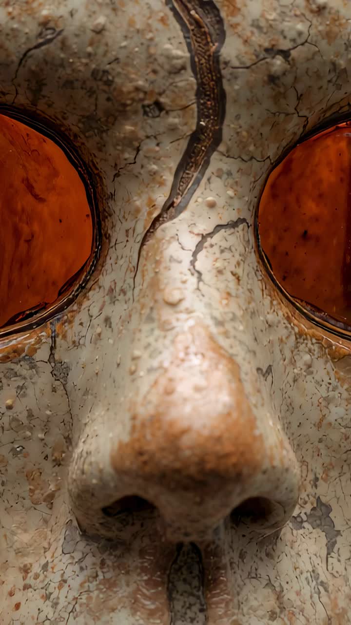 Vertical video: Crawling small worm from top crack, moving down mask nose to nostril in interior