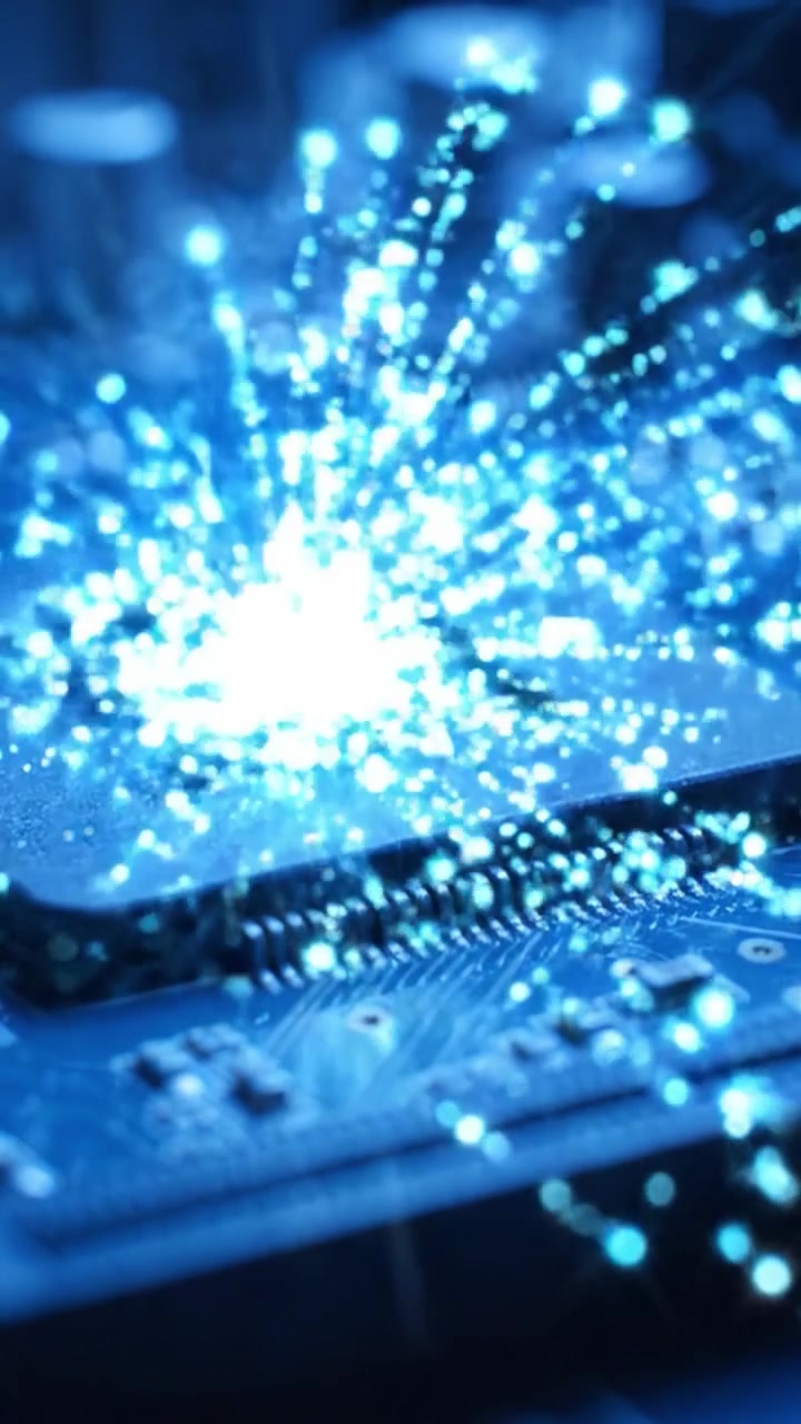 A Close-Up Exploration of Advanced Circuitry Architecture: Electrons Sparking Life into a Microprocessor on a Blue Circuit Board