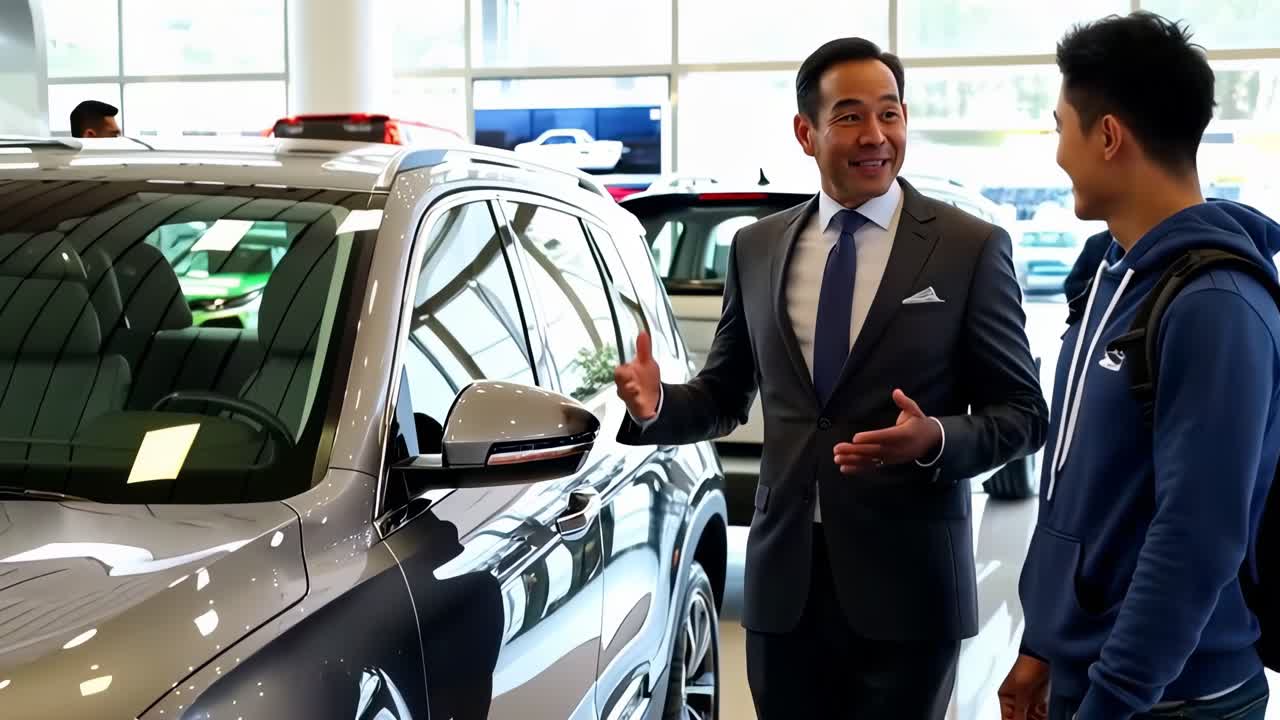 Customer standing among cars, having conversation with sales assistant