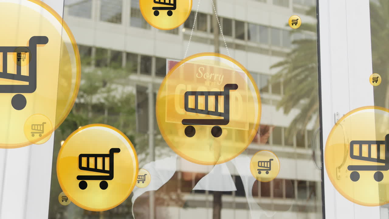 카페를 닫는 아프리카계 미국인 남성 바리스타에 대한 쇼핑 카트 아이콘의 애니메이션