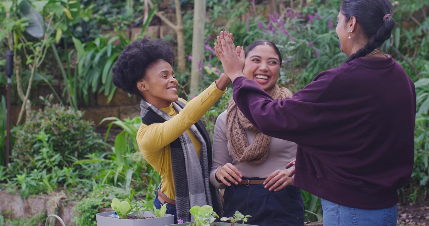 Amigas diversas terminando de plantar, cuidando de canteiros com pulverizador no jardim, celebrando