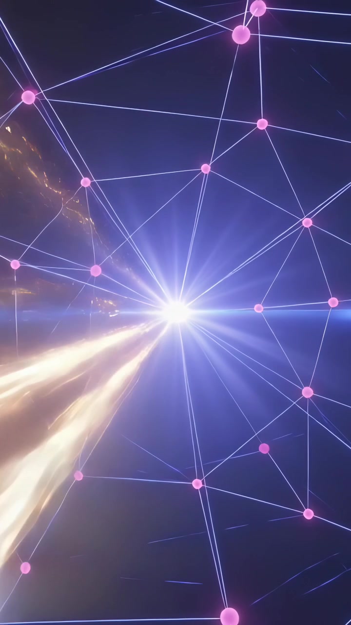 Video verticale: Scia dorata che accende un nucleo centrale che alimenta una rete di dati, con nodi rosa che pulsano.