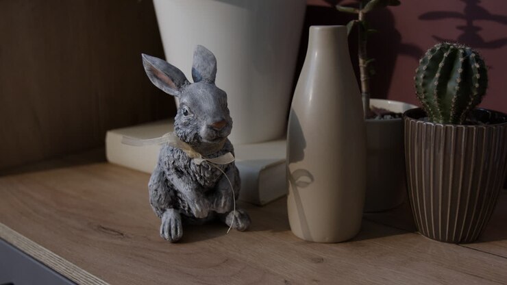Decorative Rabbit and Plants on a Shelf