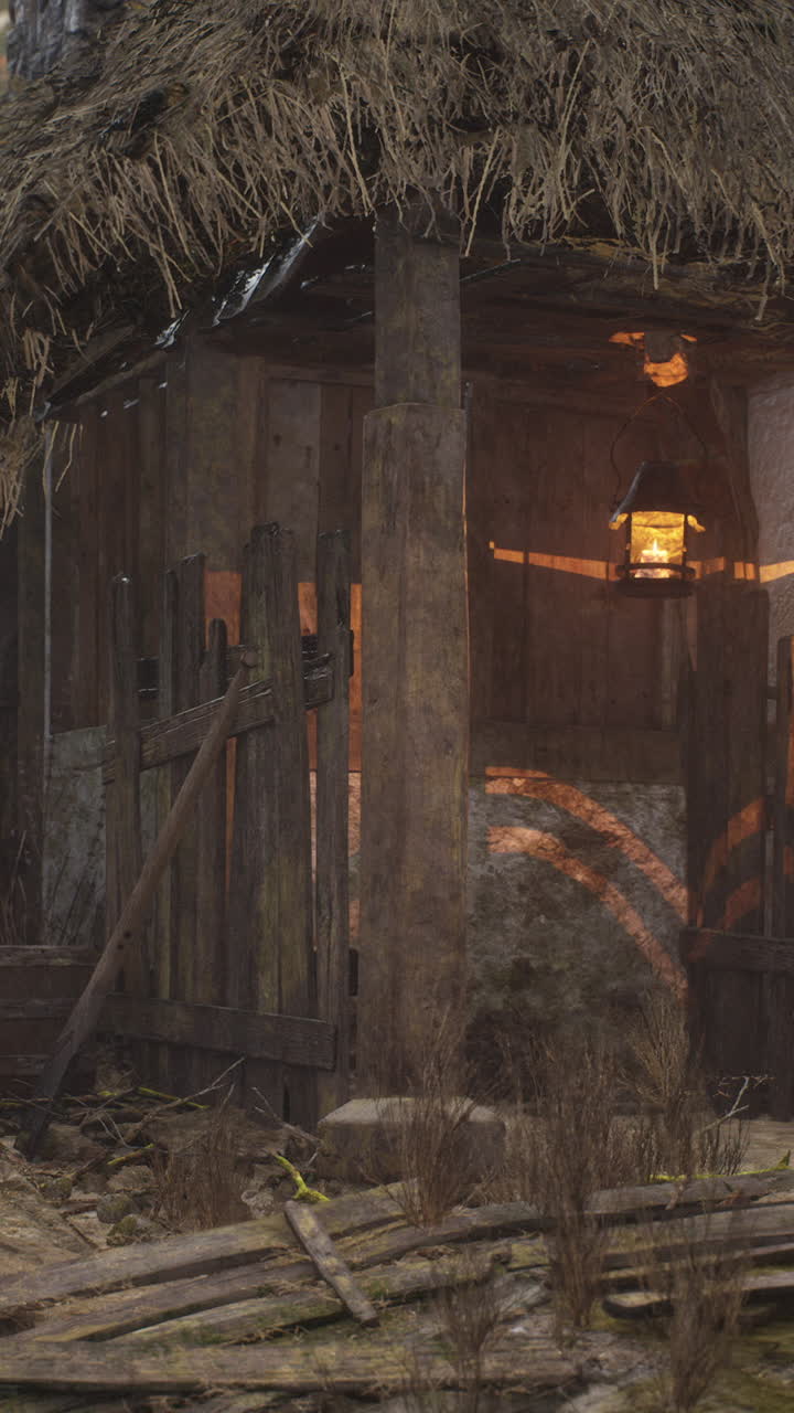 una vieja casa de madera con un techo de paja y una linterna colgando de la puerta