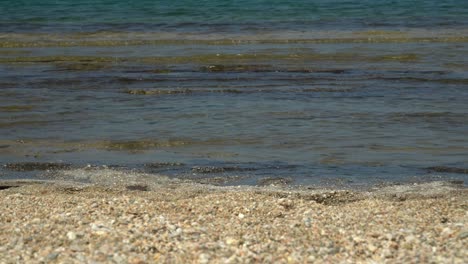 Kleine-Wellen-Schlagen-Am-Strand,-Kieselsteine-Im-Vordergrund,-Nahaufnahme