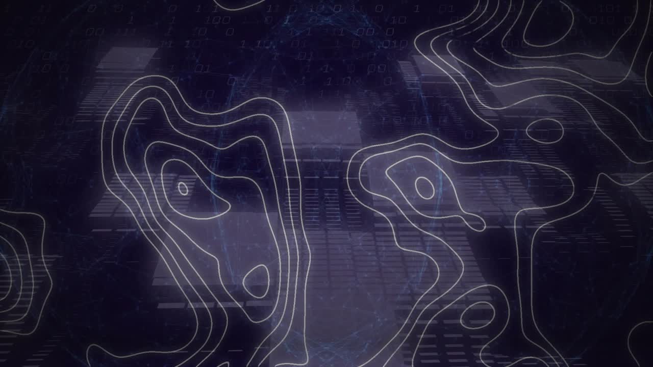 Topographic contour lines being animated over dark grid, with binary code and glowing nodes