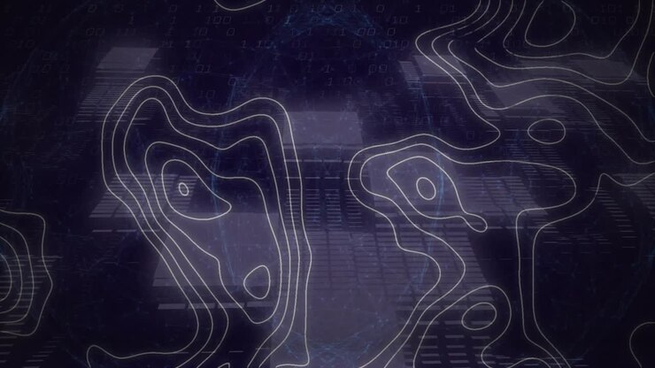 Topographic contour lines being animated over dark grid, with binary code and glowing nodes