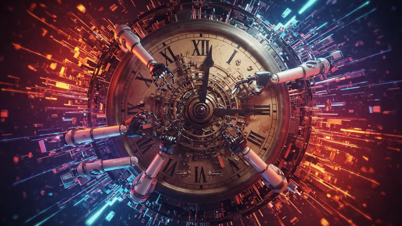 An Intricate Fusion of Time and Technology: A Clock Surrounded by Robotic Arms in a Dynamic Digital Environment Representing the Future of Artificial Intelligence
