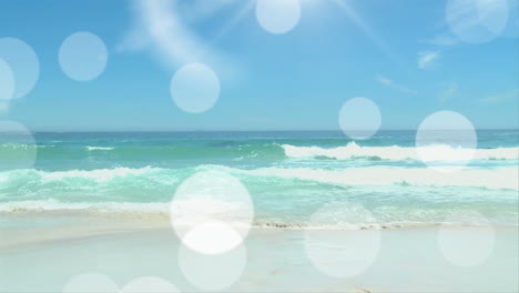 animation of light over happy caucasian man holding surfboard and running on beach