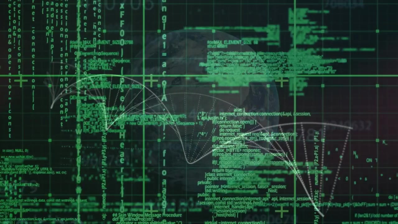 Animation af DNA-pakke med databehandling på grønt gitter.