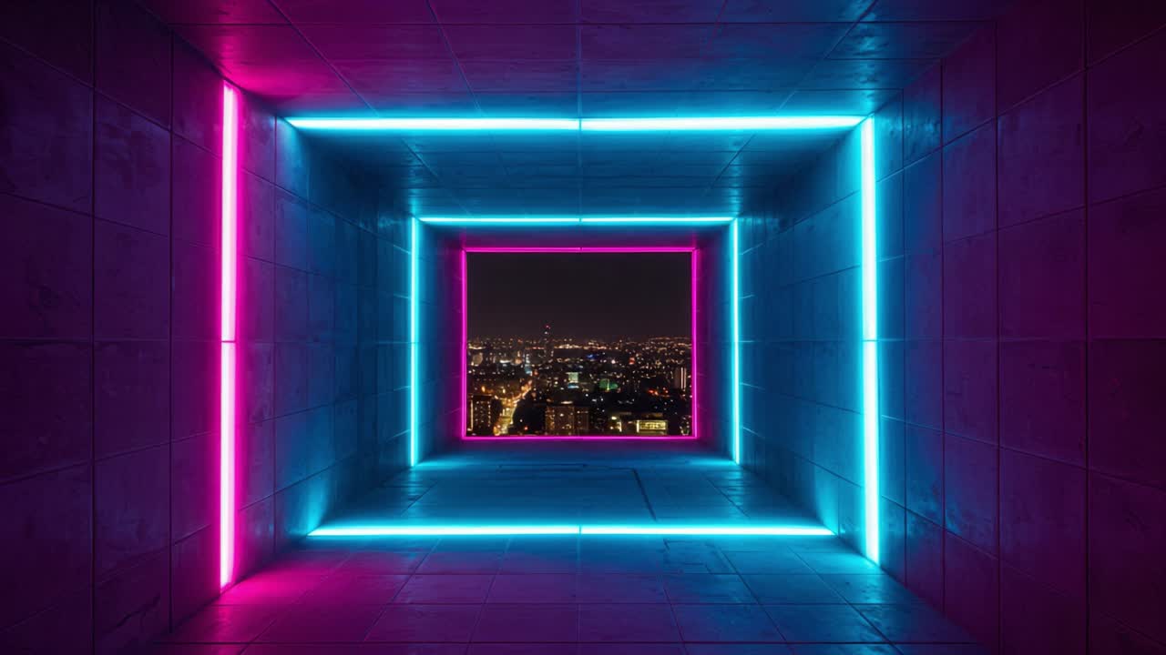 A Vibrant Perspective of Urban Nightlife: A Futuristic Tunnel with Neon Lights Framing a Cityscape at Dusk, Capturing the Essence of Modern Architecture and Atmosphere