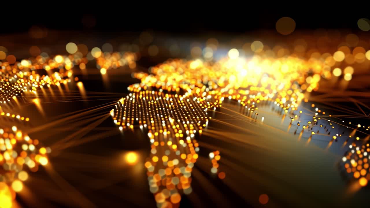 A Glowing Representation of a Digital World Map, Illuminated by Golden Lights, Showcases Global Connectivity and the Interconnectedness of Nations Across Continents