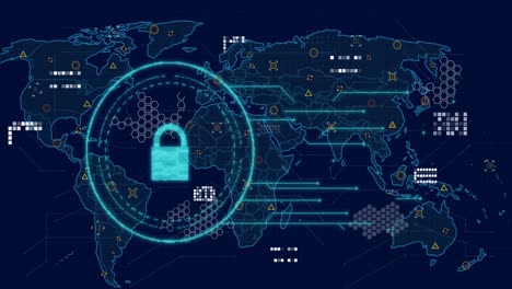 animación del candado de seguridad en línea, marcadores y procesamiento de datos sobre el mapa del mundo