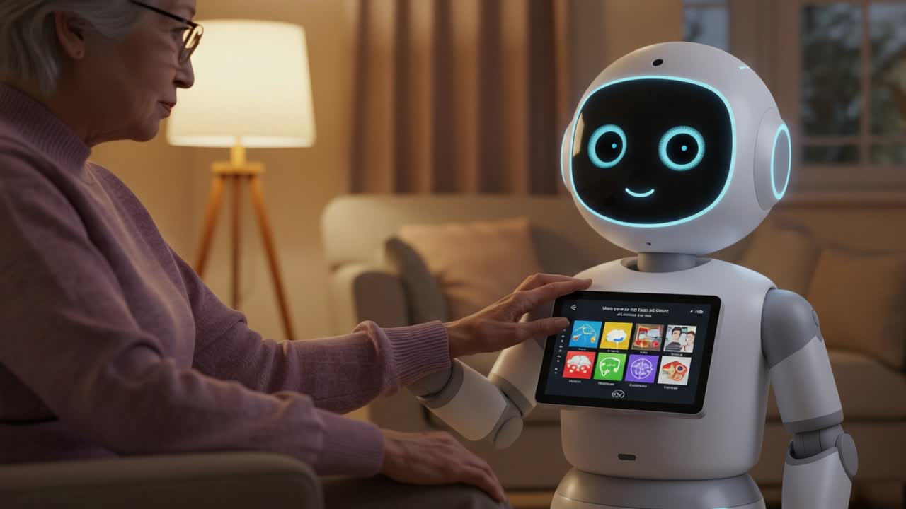 An Engaging Interaction: A Friendly Robot Companion Connects with an Elderly User Through Technology and Entertainment in a Cozy Living Room Setting
