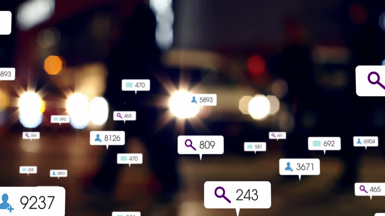 Animation of social media icons and numbers over out of focus city and traffic lights