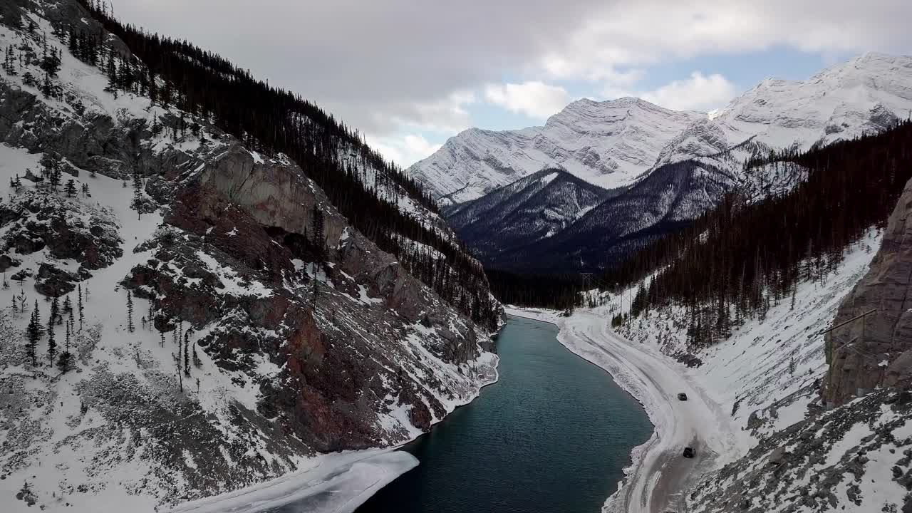 Flying over the stunning Bow River in the Spray Lakes Reservoir in Canada