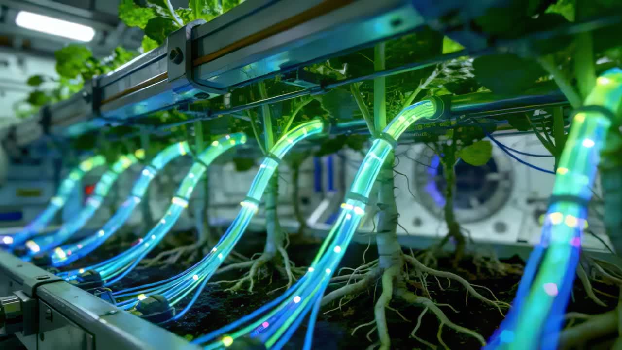 System starting pulsing lights via tubes along rooted plants in module, shifting cyan-purple tones