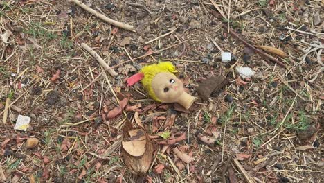 closeup of doll's head lying on the ground symbolizing abandonment, loss, or even a sense of horror or sadness