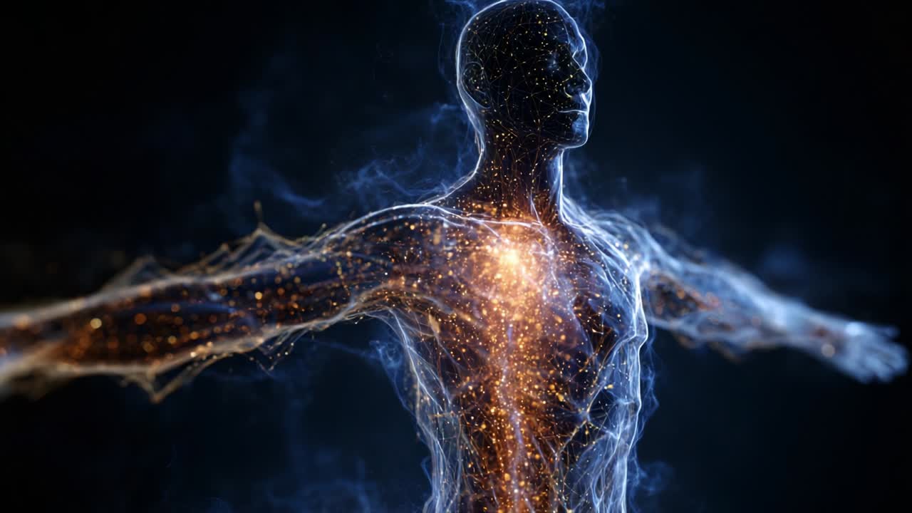 An Ethereal Representation of Human Existence: A Mesmerizing Display of Light and Energy Flow Around a Stylized Human Form, Captivating the Essence of Life Transcending Physical Boundaries