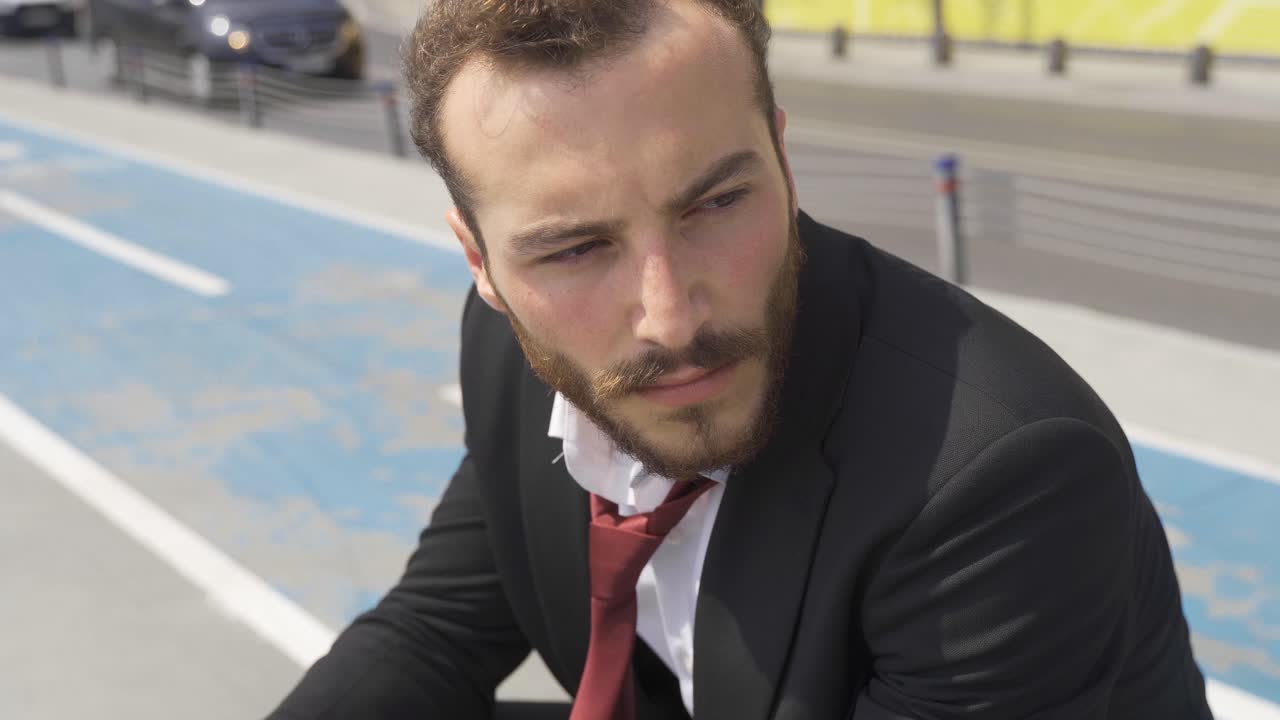 Uomo d'affari in abito seduto pensieroso in città