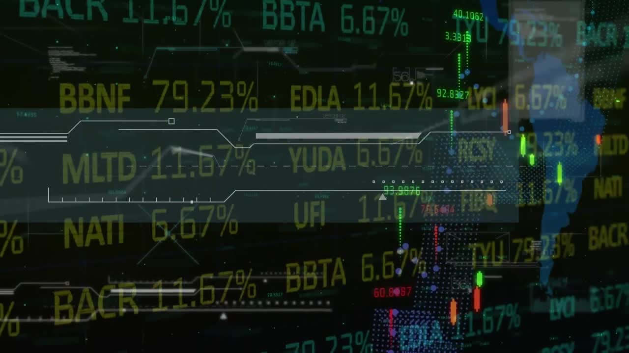 Animation of financial and stock market data processing over world map against black background