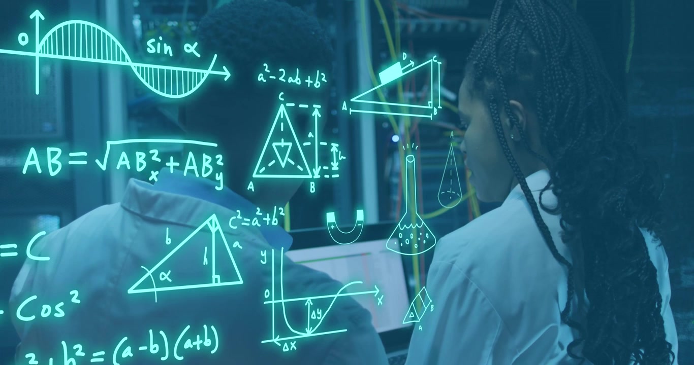 Animation of mathematical equations, diagrams, african american engineers discussing in server room